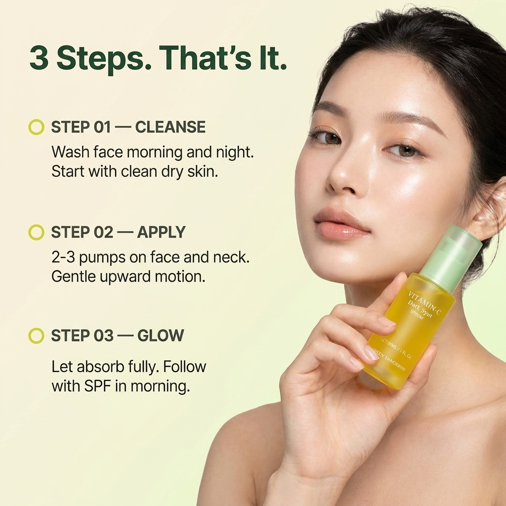 Woman holding a skincare bottle with steps displayed on a light green background