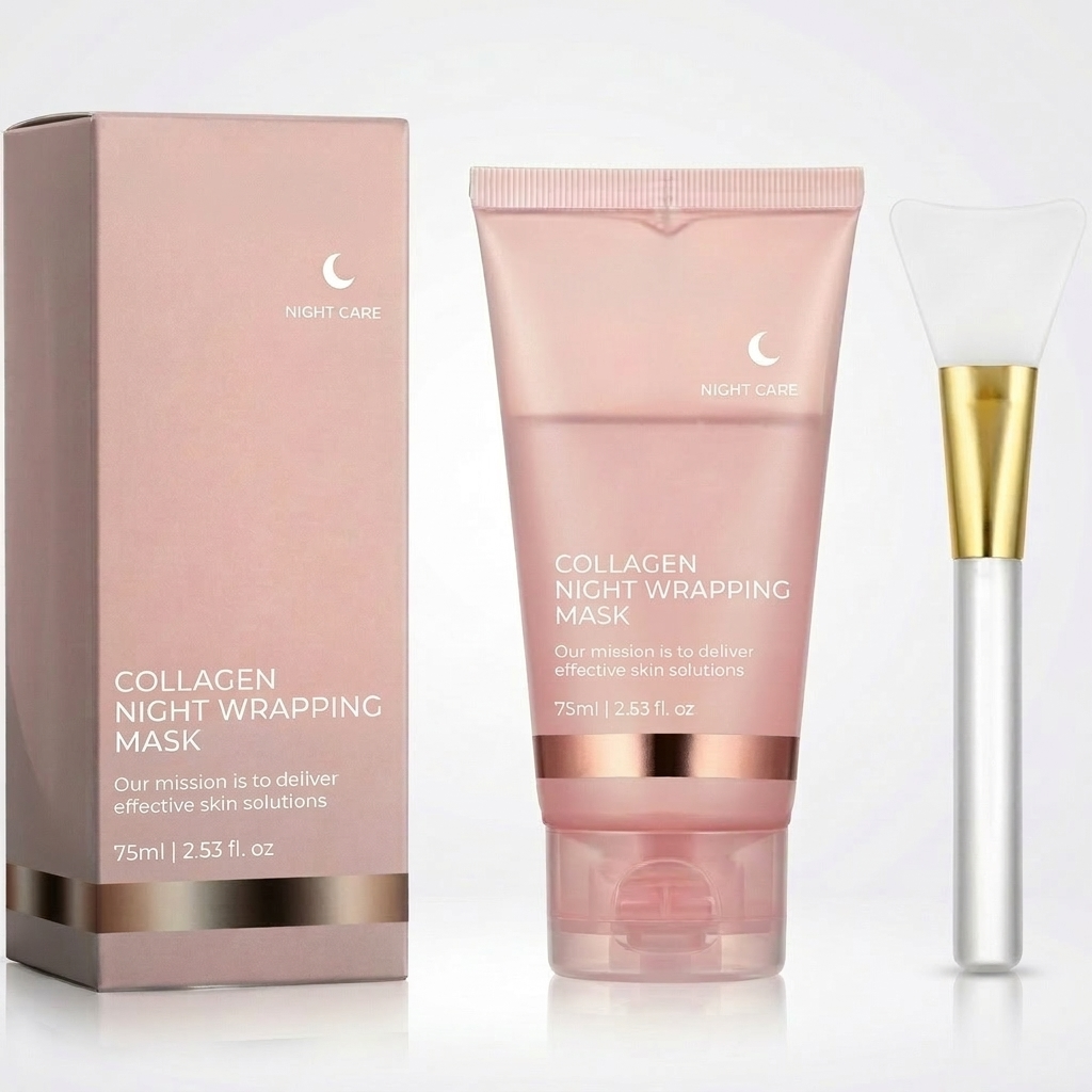 Collagen night wrapping mask with packaging and applicator on a white background