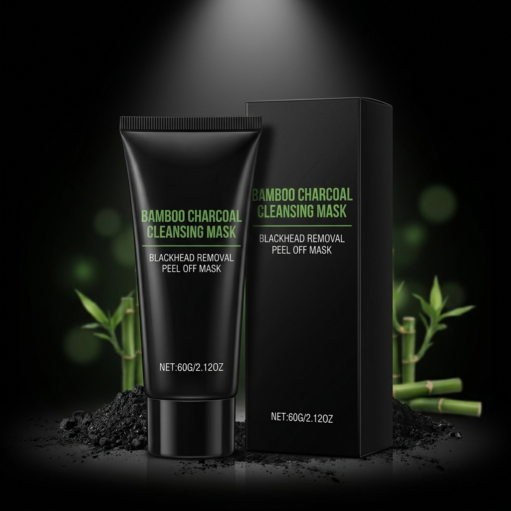 Bamboo charcoal cleansing mask with packaging on a dark background with bamboo elements.