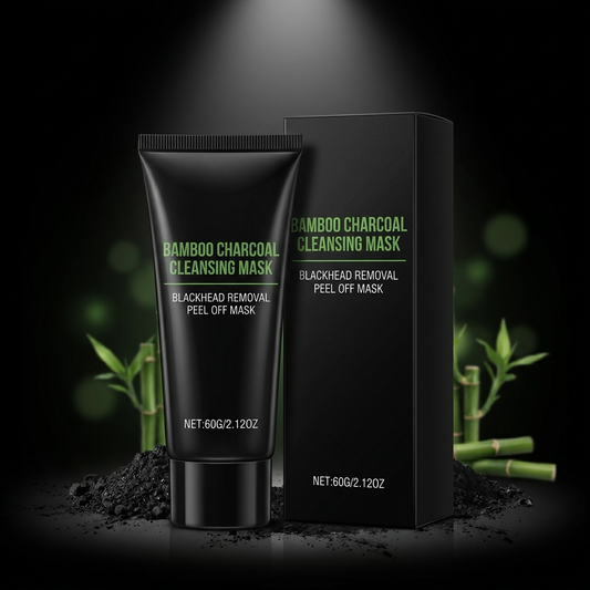 Bamboo charcoal cleansing mask with packaging on a dark background with bamboo elements.