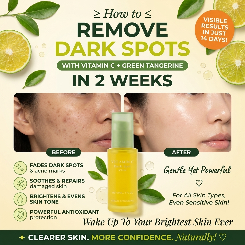 Advertisement for a skincare product with before and after effects, featuring vitamin C and green tangerine.