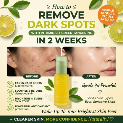 Advertisement for a skincare product with before and after effects, featuring vitamin C and green tangerine.