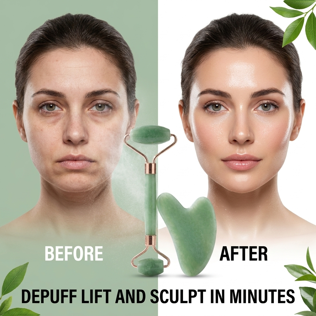 Before and after comparison of a woman's face using a jade roller and gua sha tool.