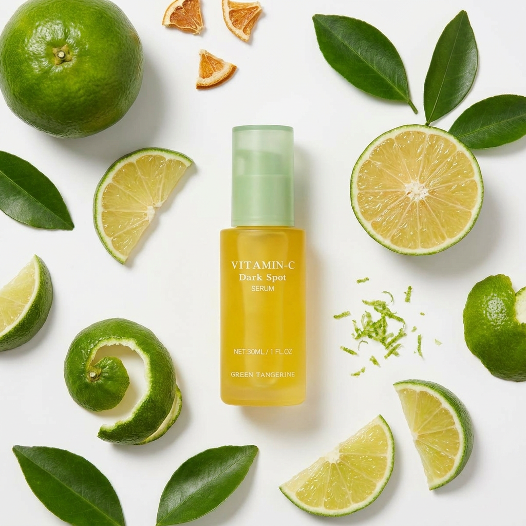 Skincare bottle labeled 'Vitamin C Dark Spot Serum' surrounded by lime slices and leaves on a white background