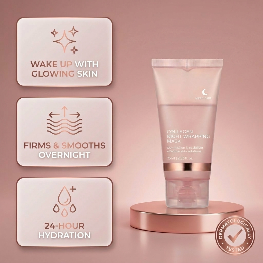 Collagen night wrapping mask with promotional text on a pink background