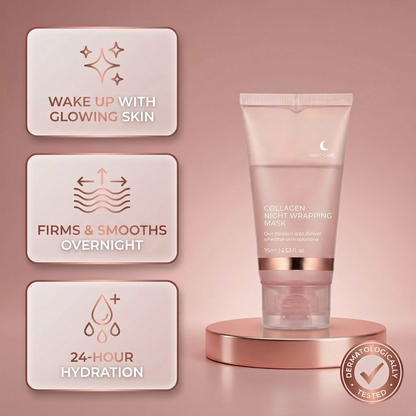 Collagen night wrapping mask with promotional text on a pink background