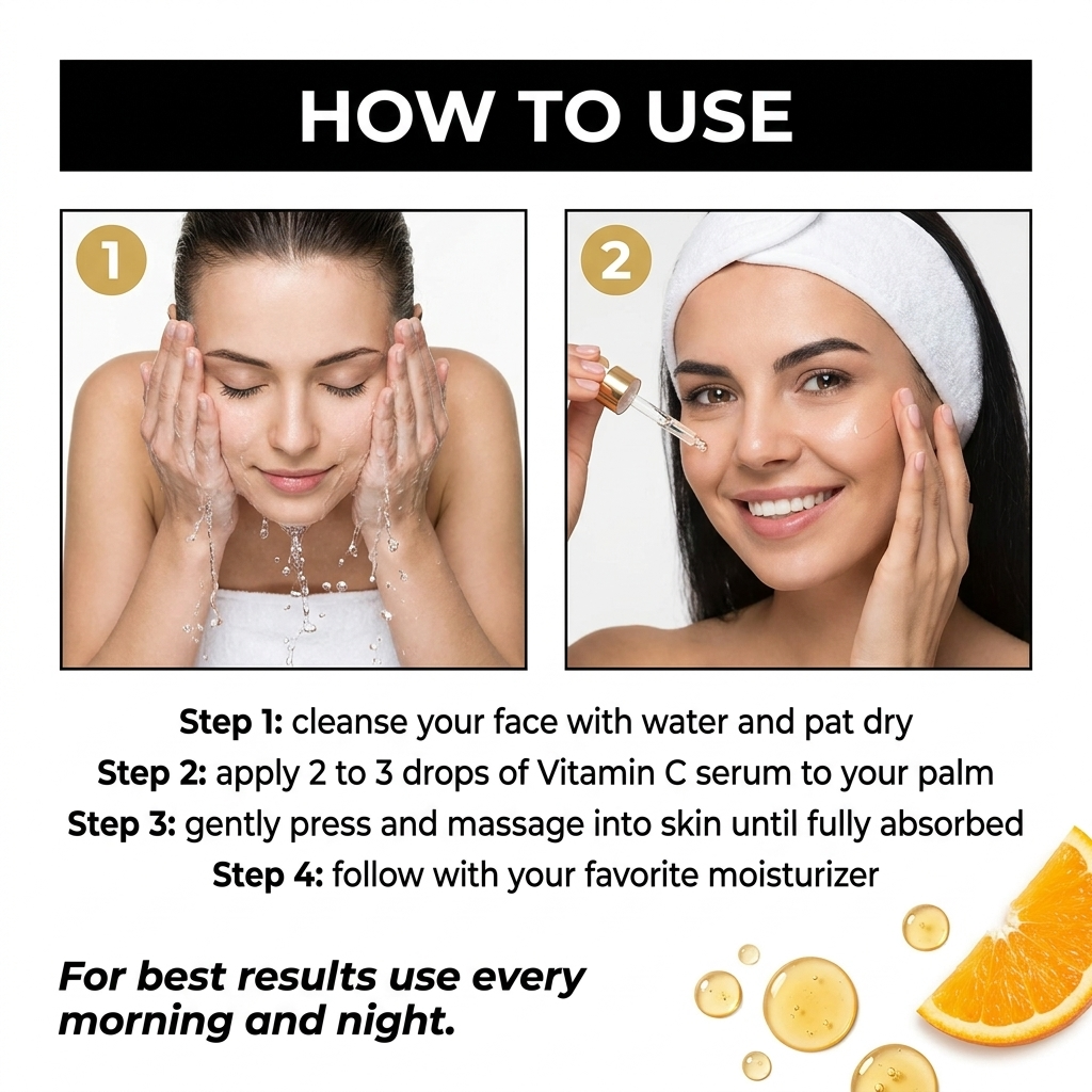 Instructions on how to use Vitamin C serum with a woman applying it to her face.