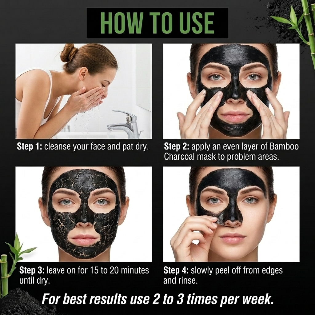 Instructions on how to use a bamboo charcoal mask with step-by-step images and text.