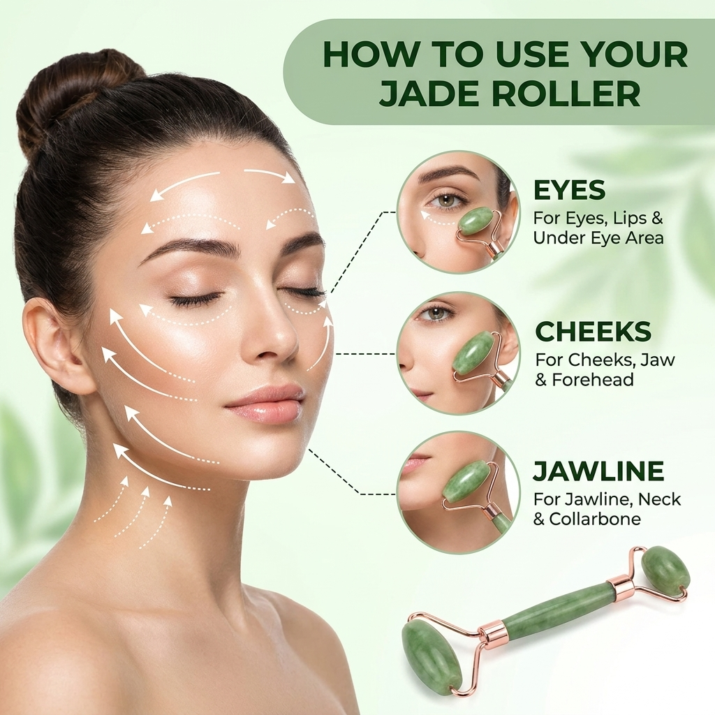 Instructions on how to use a jade roller for facial care, showing application on different areas of the face.