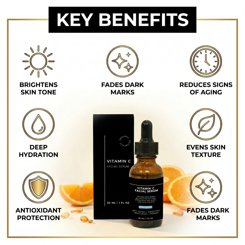Vitamin C facial serum with key benefits listed on a light background
