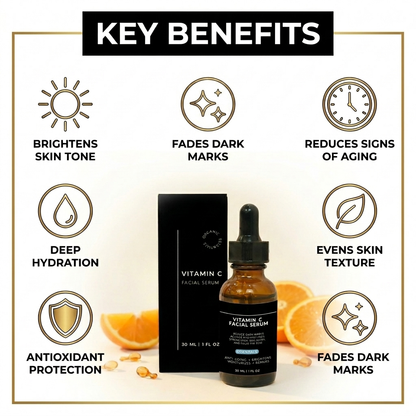 Vitamin C facial serum with key benefits listed on a light background