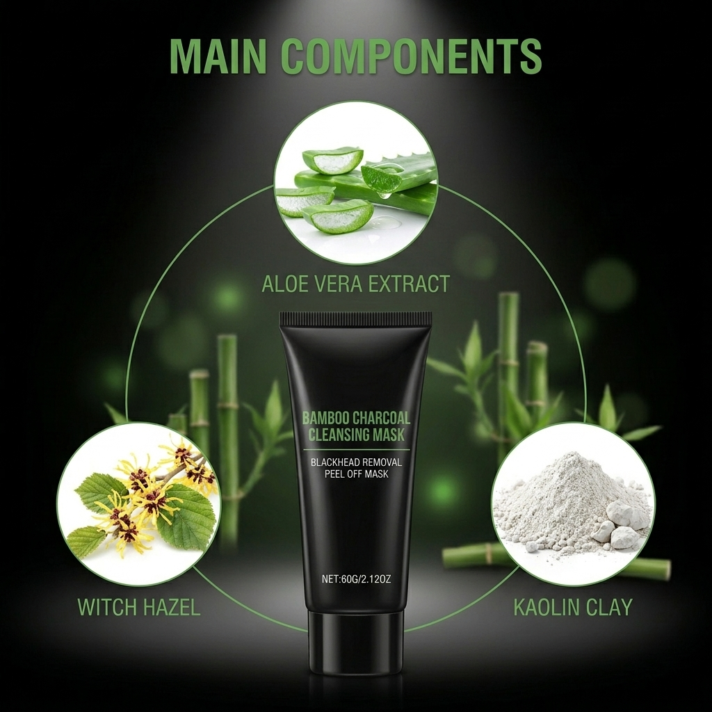 Main ingredients in PeelRevive Bamboo Charcoal Peel-Off Mask — Aloe Vera, Witch Hazel, Kaolin Clay