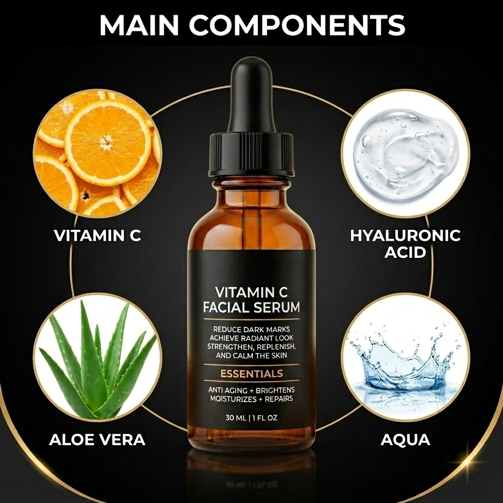 Vitamin C facial serum with labeled main components on a black background