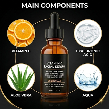 Vitamin C facial serum with labeled main components on a black background