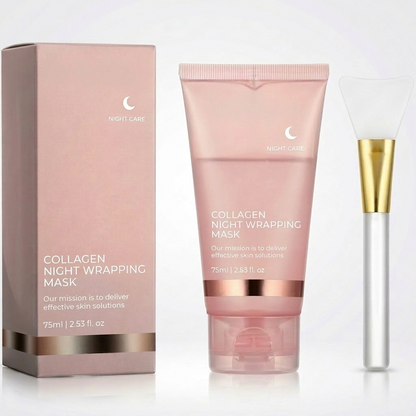 Collagen night wrapping mask with packaging and applicator on a white background