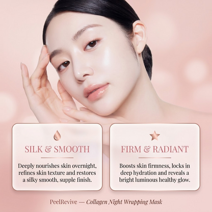 Woman with smooth skin holding her face, featuring PeelRevive Collagen Night Wrapping Mask benefits on a pink background.