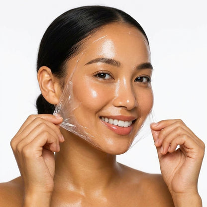 Woman applying a clear facial mask with a plain background