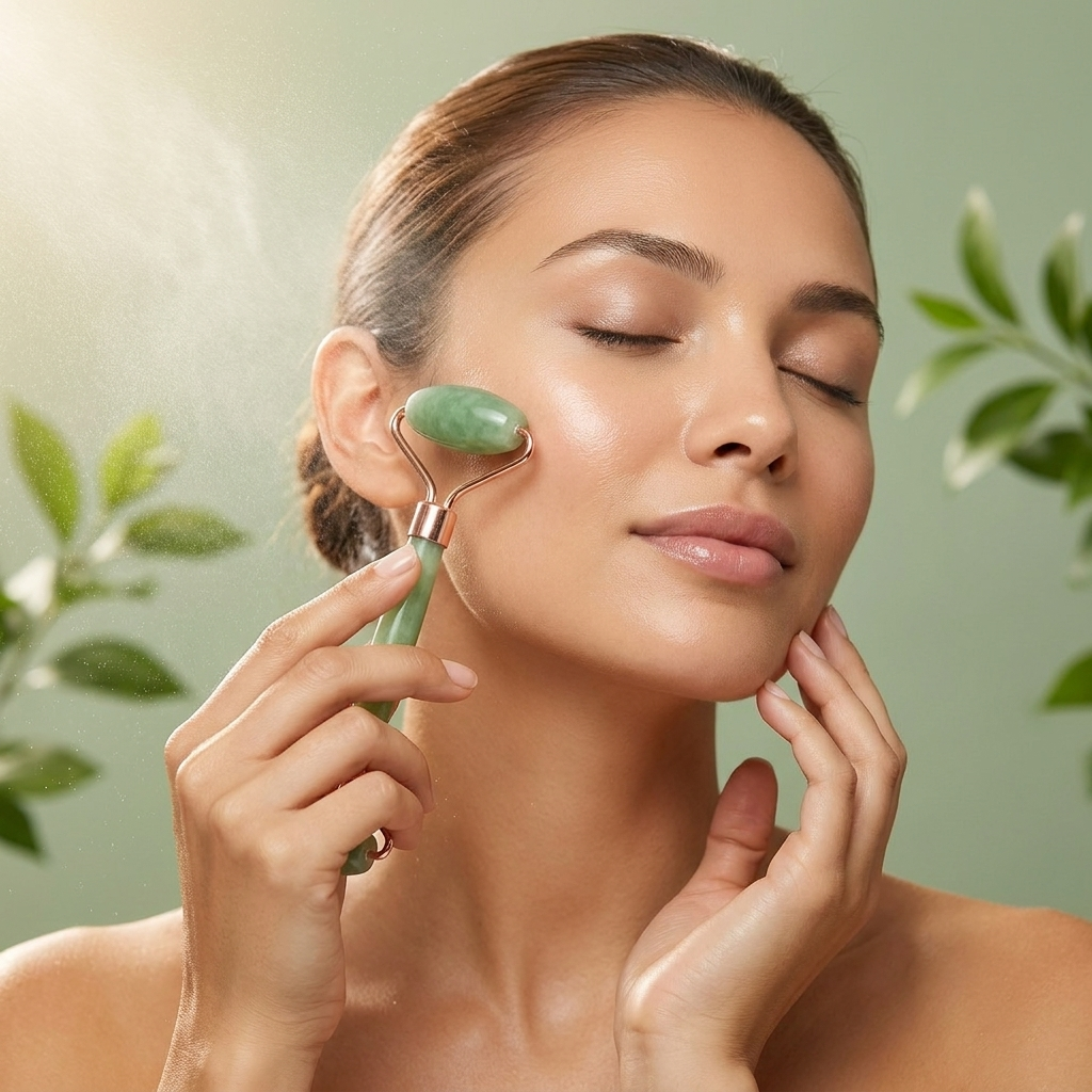 Model using PeelRevive ReviveSculpt Facial Roller on face