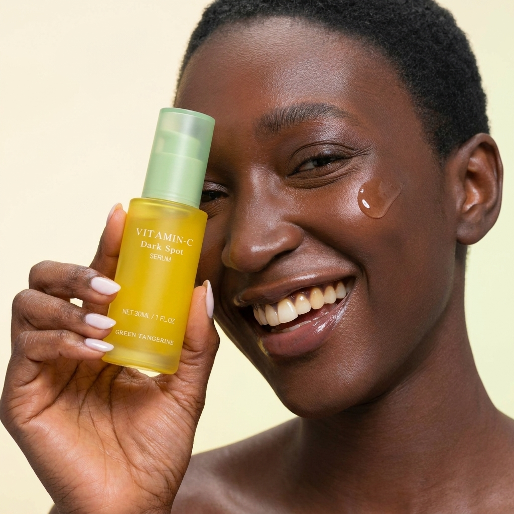Woman holding a skincare bottle with a droplet of product on her cheek against a beige background