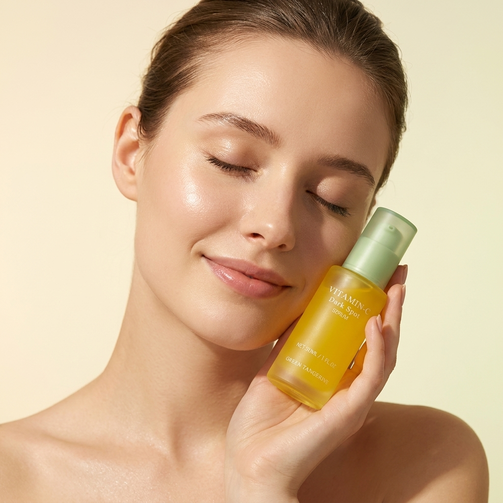 Woman holding a bottle of skincare product against a beige background