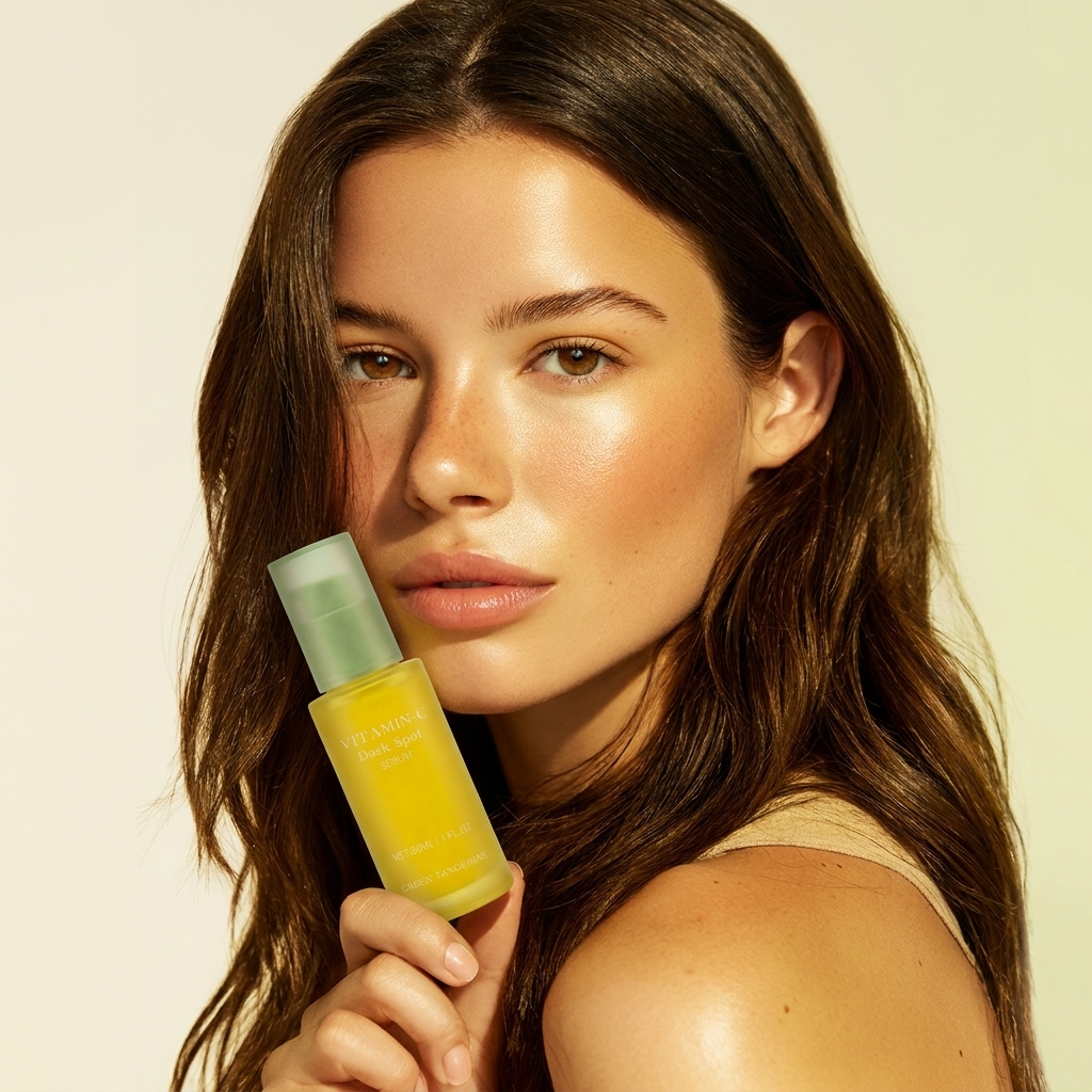 Woman holding a skincare product against a beige background