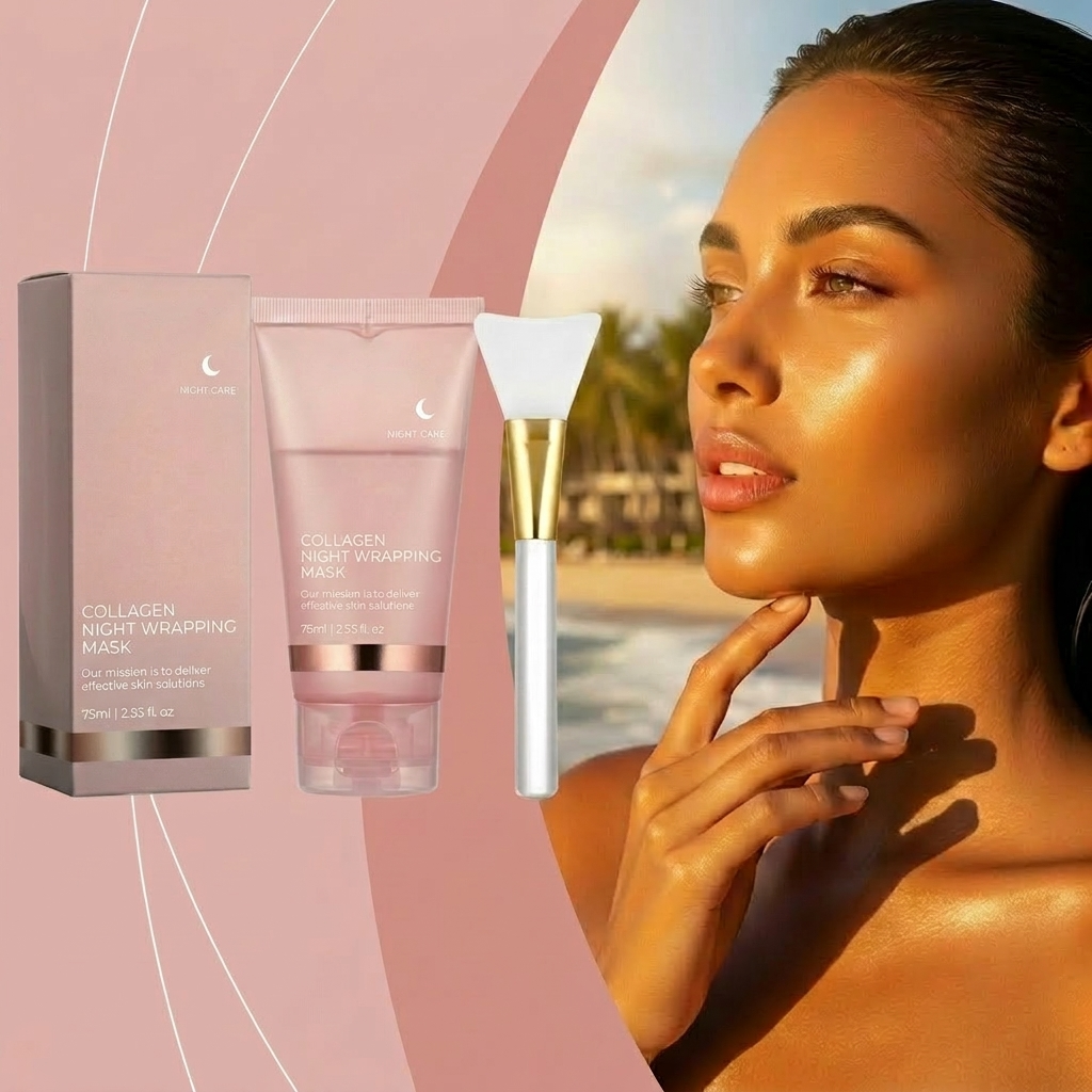Collagen night wrapping mask packaging with a woman's face on a pink background