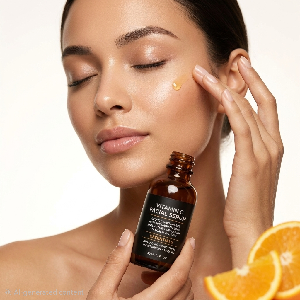 Woman applying facial serum with a bottle labeled 'Whole & Life Vitamin C Facial Serum' on a white background.