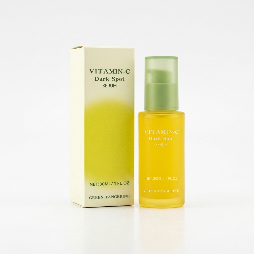 Vitamin-C dark spot serum with packaging on a white background