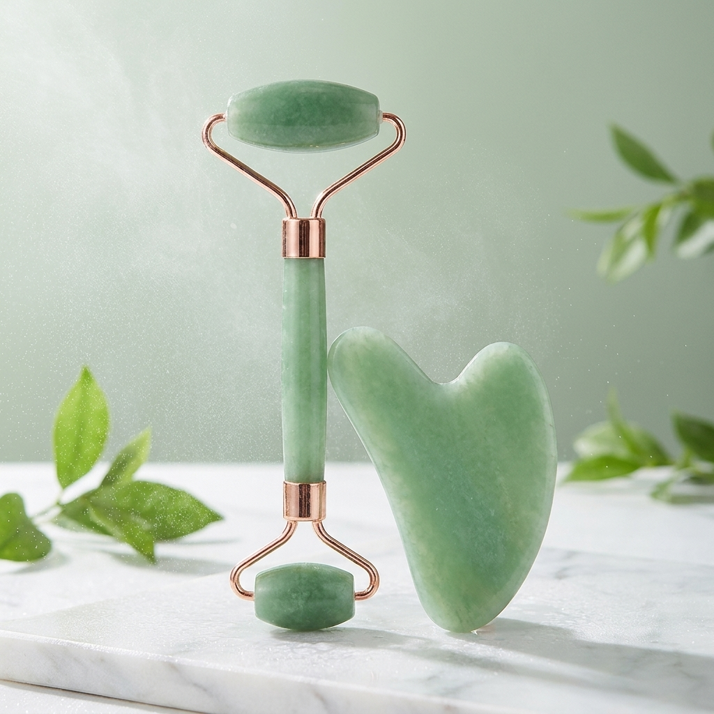 Green jade roller and gua sha tool on a marble surface with a light green background