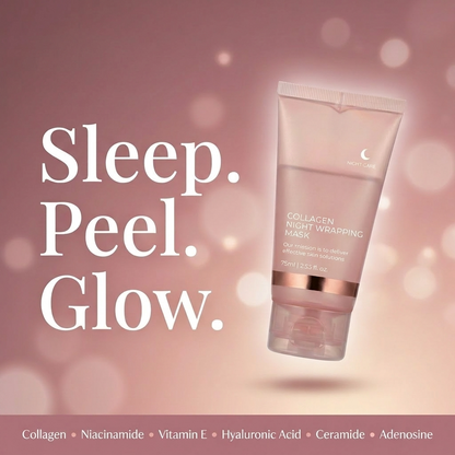 Cosmetic tube with text 'Sleep. Peel. Glow.' on a pink background