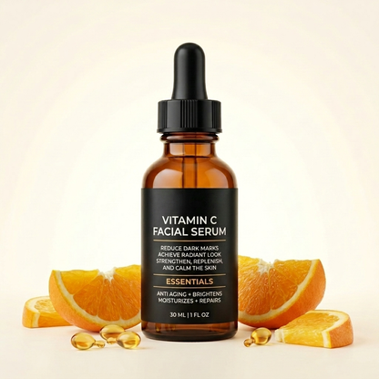 Vitamin C facial serum bottle with dropper on a beige background with orange slices and capsules.